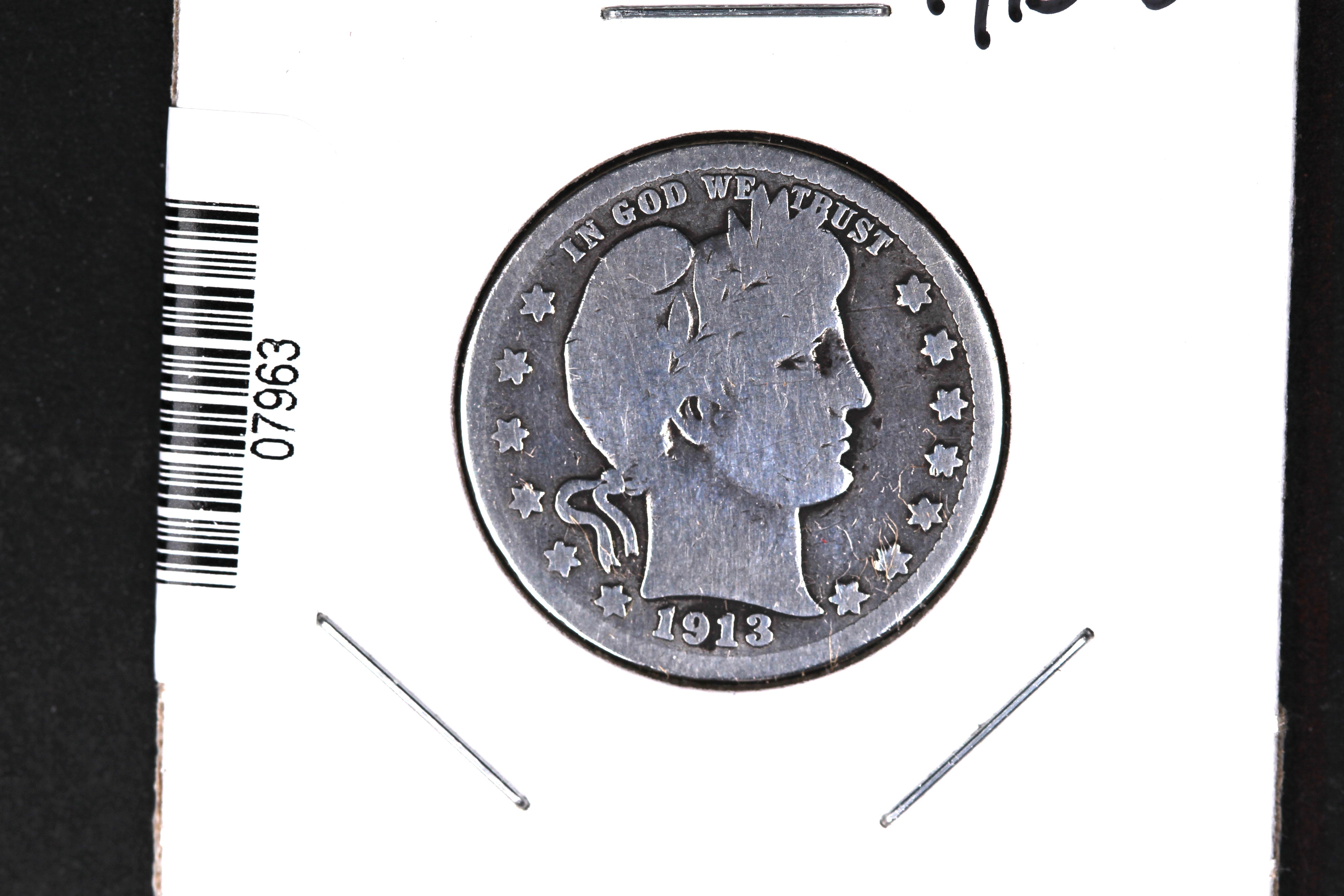 1913-S Barber Quarter. Key Date Collectible Coin. Store # 07963