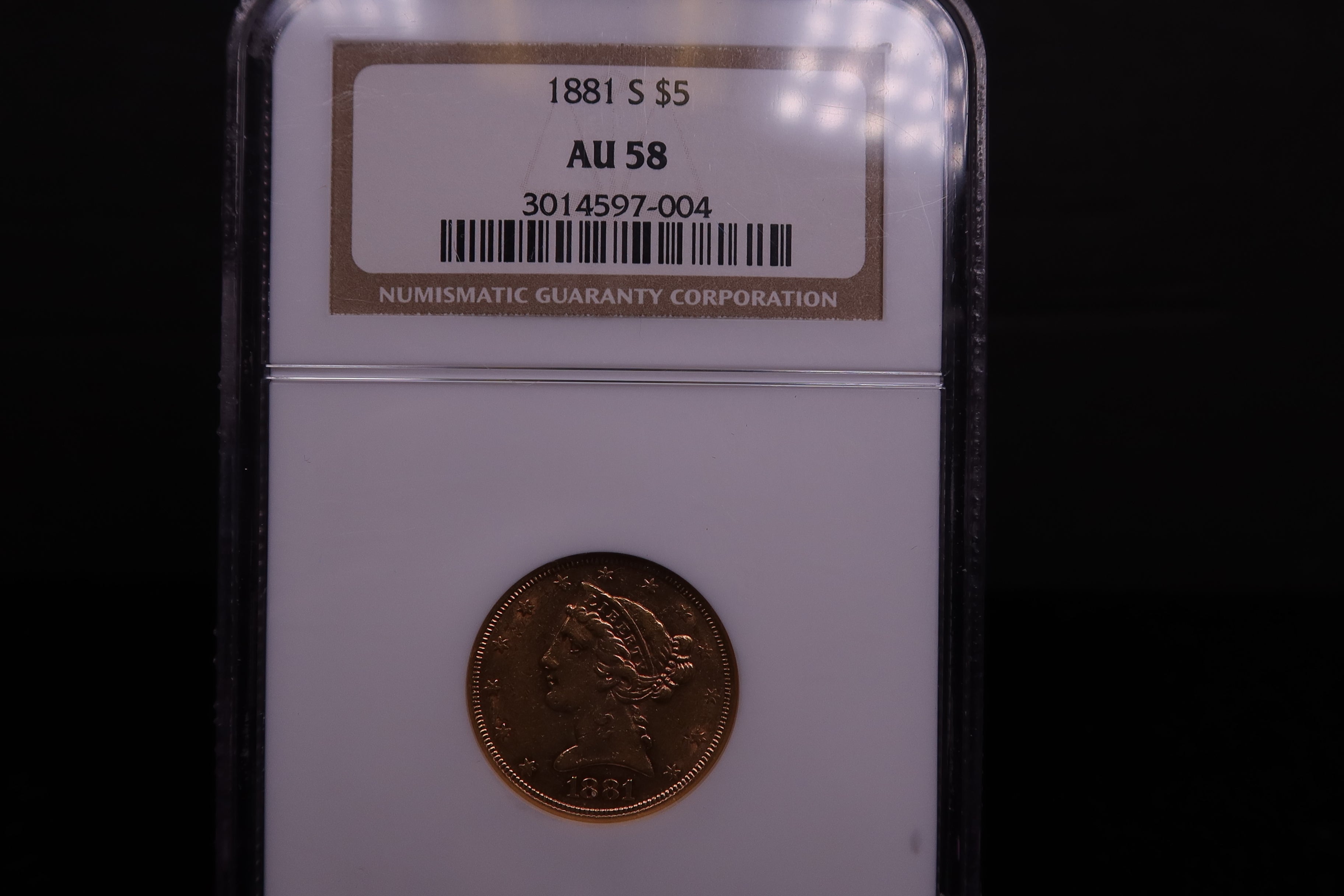 1881 S 5 Gold Half Eagle. NGC Certified AU 58