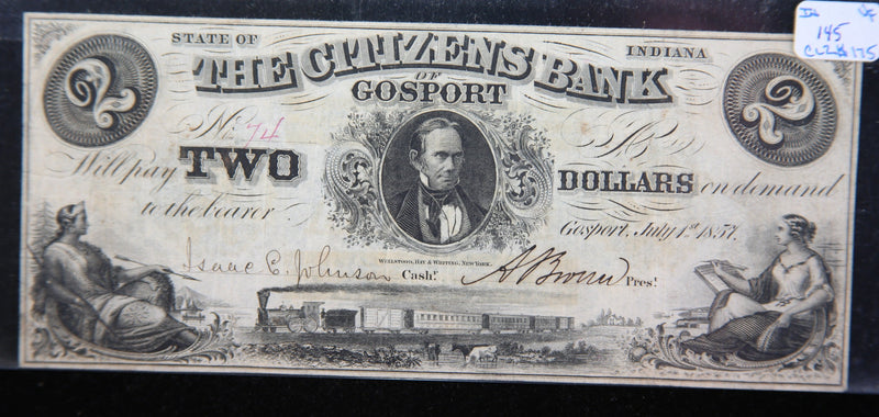 1857 Citizens Bank, Indiana., Obsolete Currency, Store Sale 093113