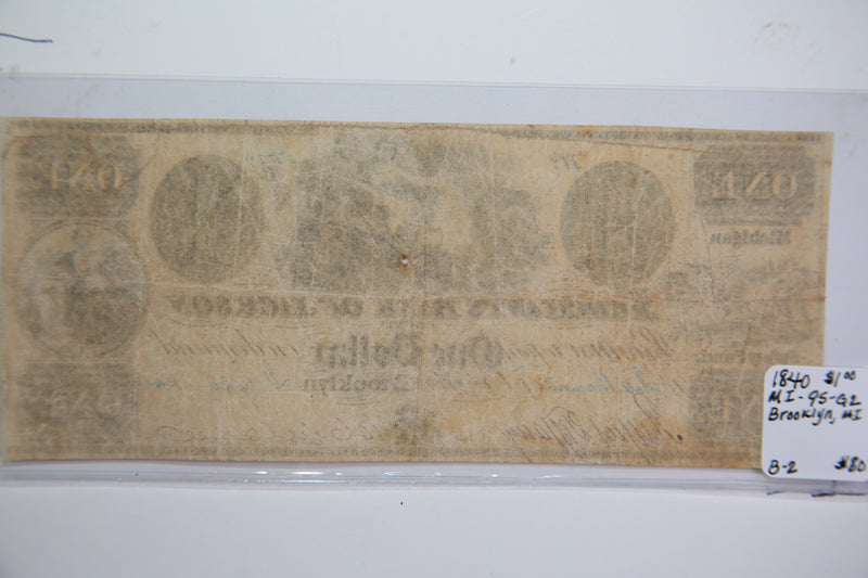 1840 $1, Brooklyn, Michigan., Obsolete Currency, Store Sale 0932485