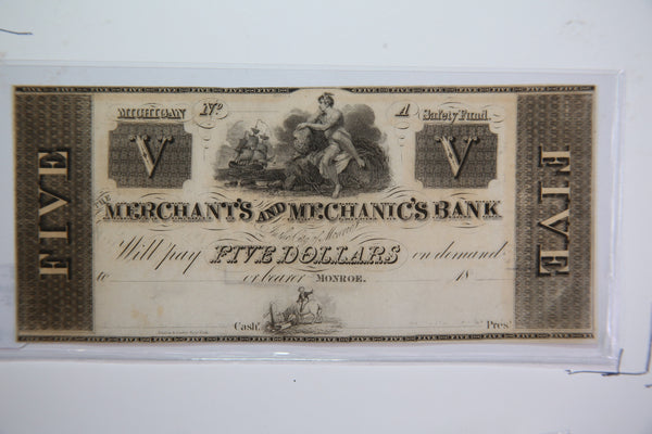 18__ $5, Monroe, Michigan., Obsolete Currency, Store Sale 0932495