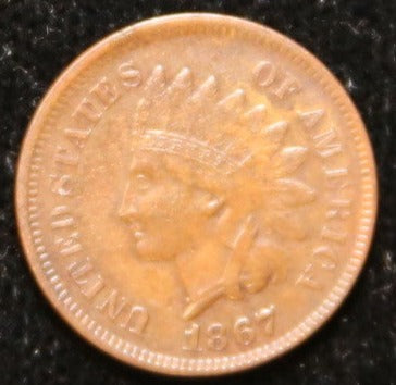 1867 Small Cent Indian Head,, L on Ribbon AU details. Store #242543