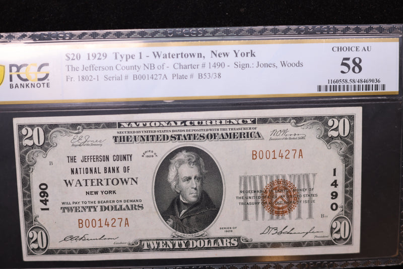 1929 $20, Watertown, N.Y., National Currency Note., PCGS Graded AU-58. Store