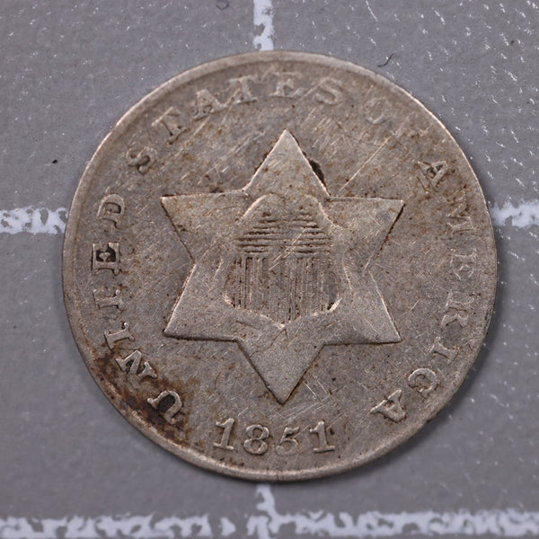 1851 3-Cent Silver., Fine Circulated Coin., Store #0931