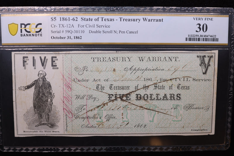 1861-62 $5, State of Texas., Obsolete Currency, PCGS Graded: VF-30.,  Store