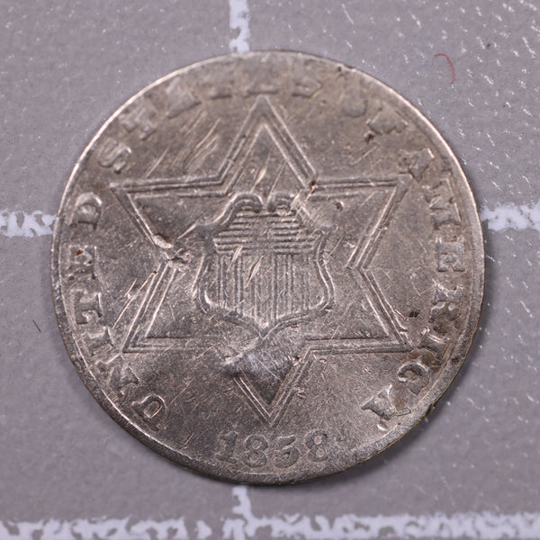 1858 3 Cent Silver., Fine Detailed Coin., Store #0939