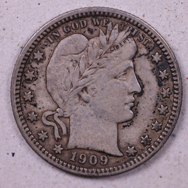 1909 Barber Silver Quarter., Extra Fine+, Circulated Coin., Store#0992