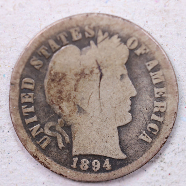 1894 Barber Silver Dime., Good Circulated Coin., Store #1168