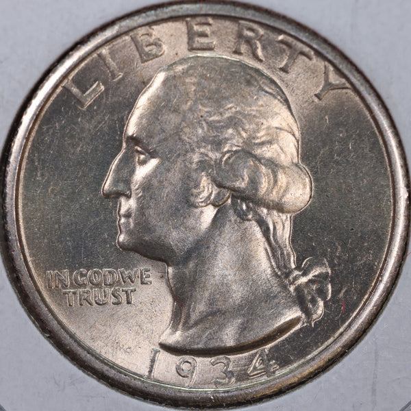 1934 Washington Silver Quarter, Mint State Uncirculated Coin, Store #QR0166