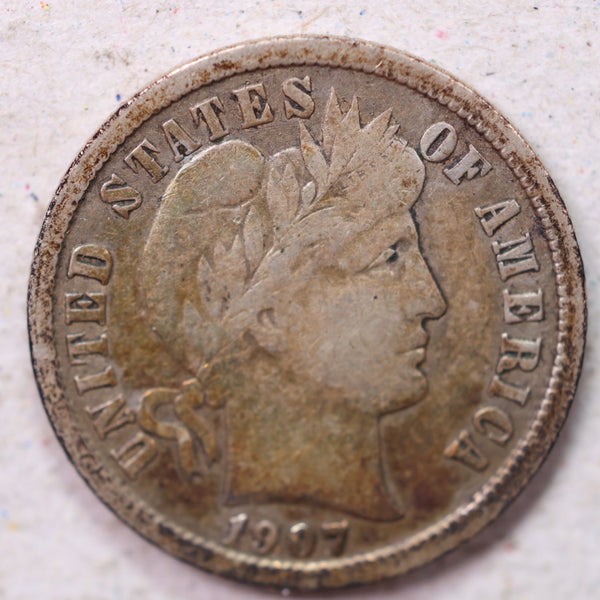 1907-O Barber Silver Dime., Fine., Circulated Coin., Store #1305