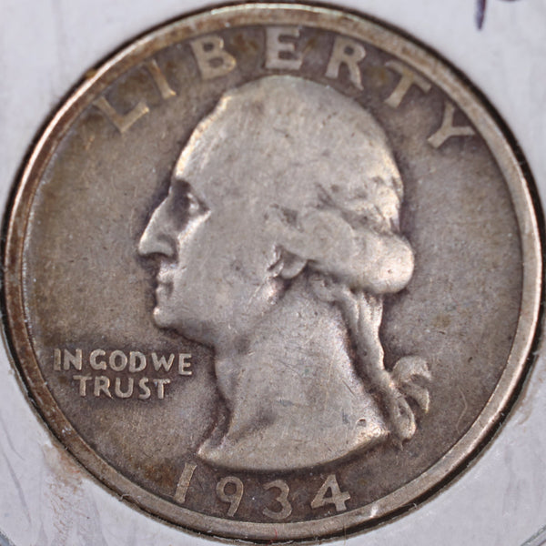 1934 Washington Silver Quarter, Fine+ Circulated Coin, Store #QR0176