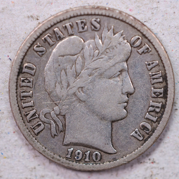 1910-S Barber Silver Dime., Very Fine+., Circulated Coin., Store #1317