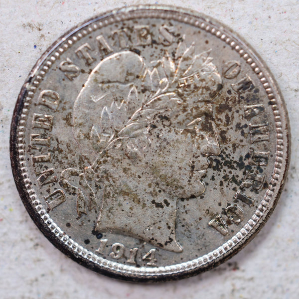 1914-S Barber Silver Dime., About Uncirculated., Circulated Coin., Store #1328