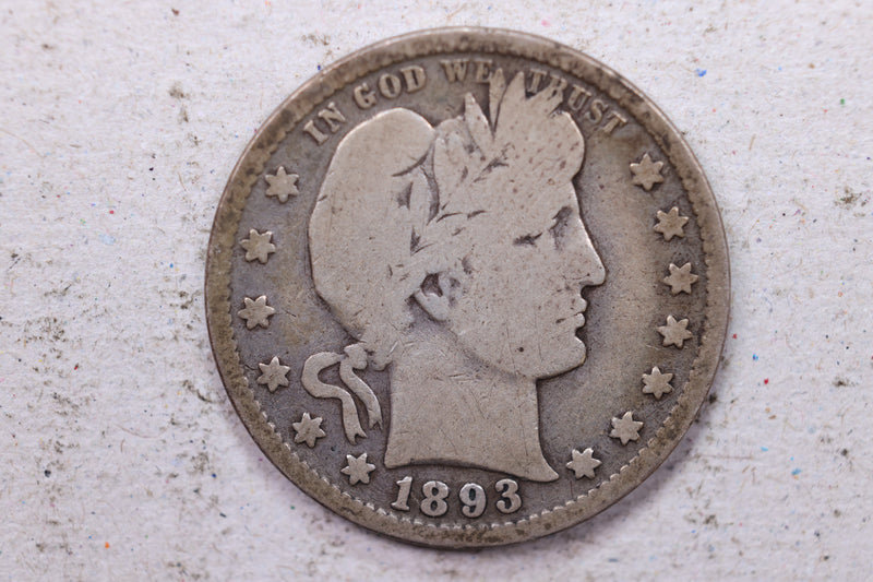 1893 Barber Silver Quarter., Very Good., Circulated Coin., Store