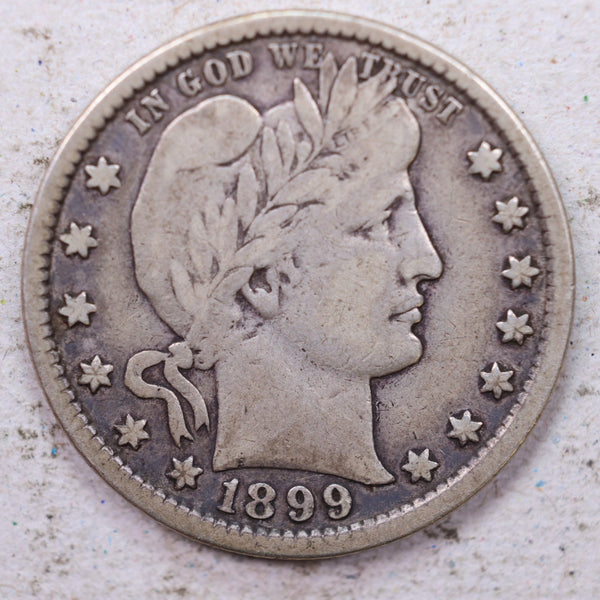 1899 Barber Silver Quarter., Fine., Circulated Coin., Store #1373