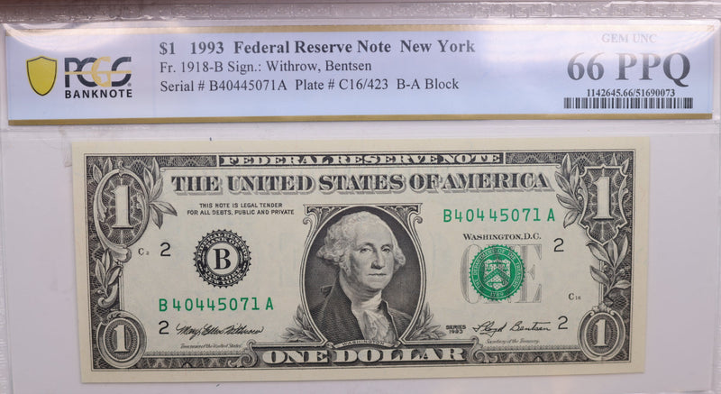 1993 $1., Federal Reserve Bank Note., PCGS CU-66., PPQ., GFRB063