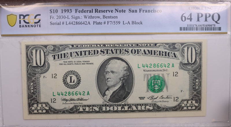 1993 $10., Federal Reserve Bank Note., PCGS CU-65., PPQ., GFRB065