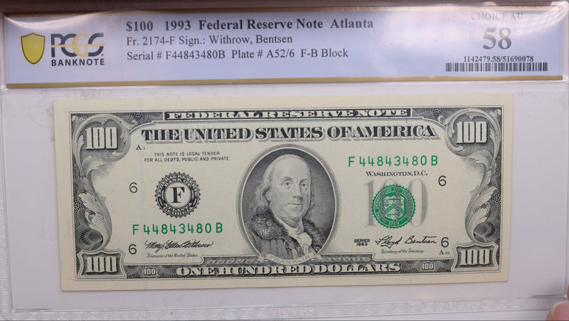 1993 $100., Federal Reserve Bank Note., PCGS AU-58., GFRB068
