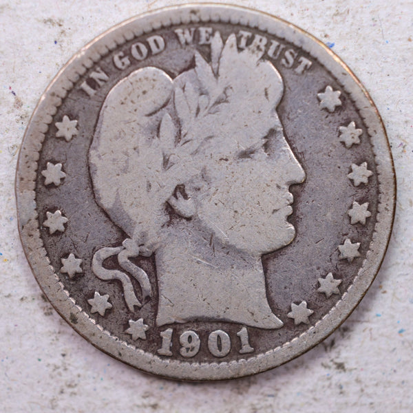 1901 Barber Silver Quarter., Very Good., Circulated Coin., Store #1384