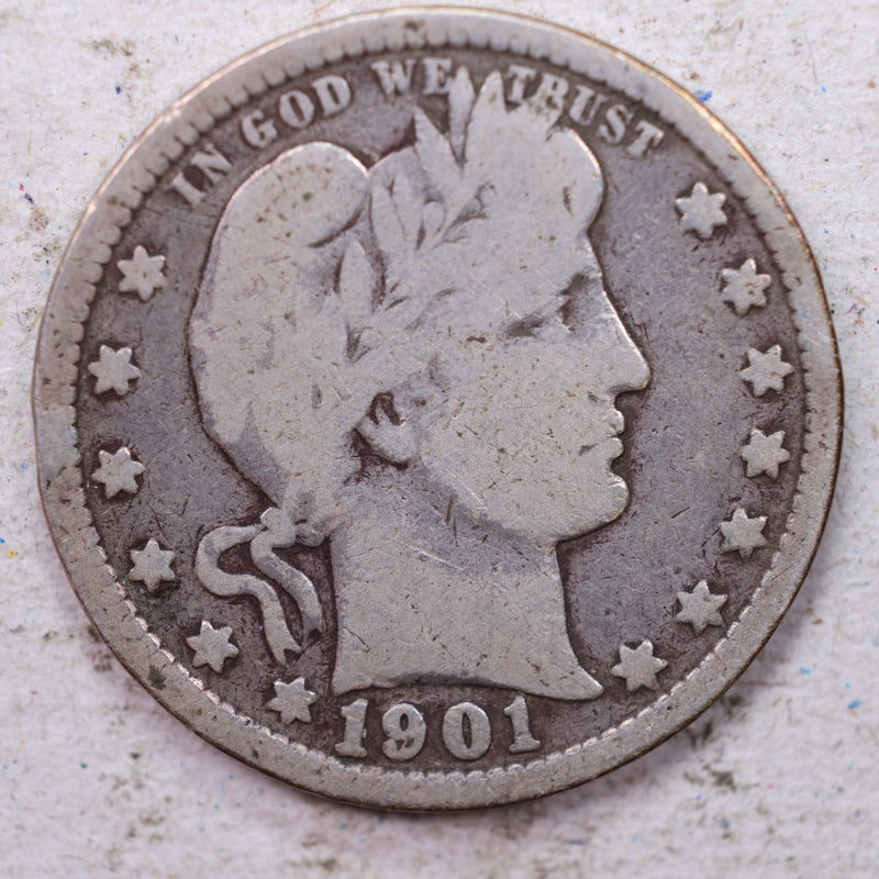 1901 Barber Silver Quarter., Very Good., Circulated Coin., Store