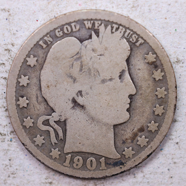 1901 Barber Silver Quarter., Good., Circulated Coin., Store #1385