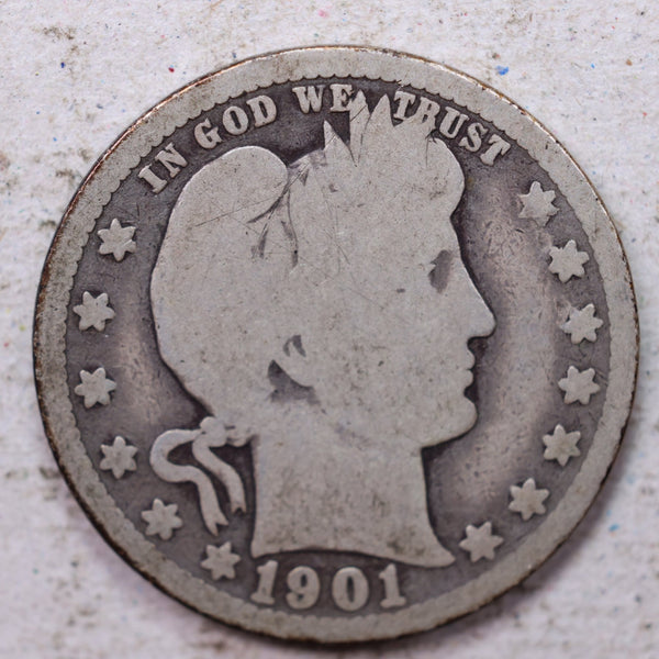 1901-O Barber Silver Quarter., Good., Circulated Coin., Store #1386