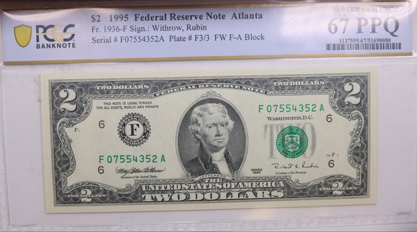 1995 $2., Federal Reserve Bank Note., PCGS CU-67 PPQ., GFRB070