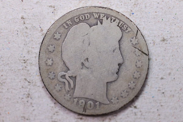 1901-O Barber Silver Quarter., Good details., Circulated Coin., Store #1387