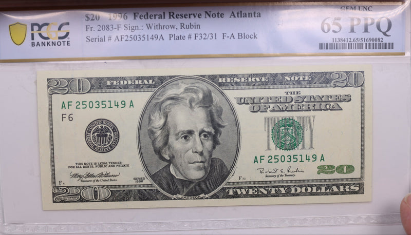 1996 $20., Federal Reserve Bank Note., PCGS CU-65 PPQ., GFRB072