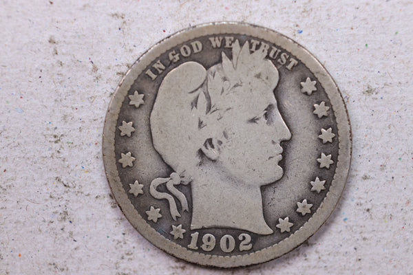 1902 Barber Silver Quarter., Very Good., Circulated Coin., Store #1388