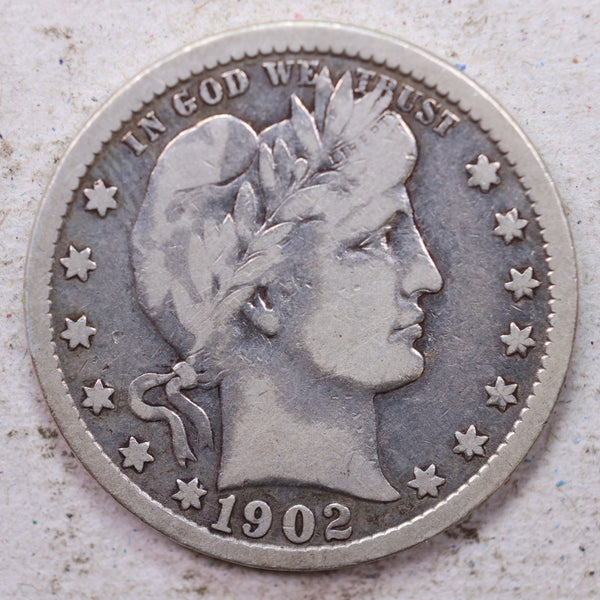 1902 Barber Silver Quarter., Fine., Circulated Coin., Store #1389