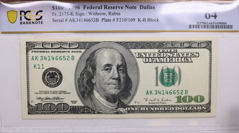 1996 $100., Federal Reserve Bank Note., PCGS CU-64., GFRB074