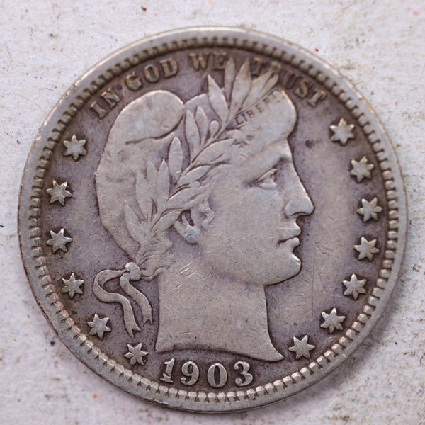 1903 Barber Silver Quarter., Very Fine., Circulated Coin., Store #1395