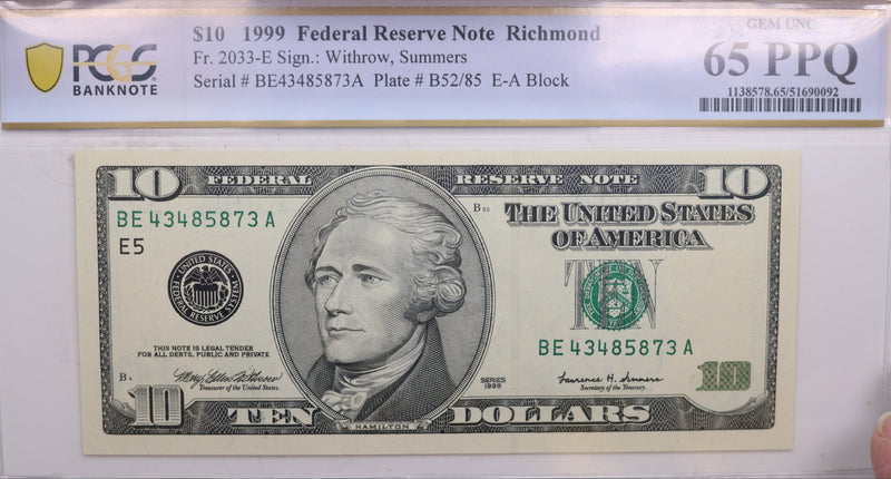 1999 $10., Federal Reserve Bank Note., PCGS CU-65., PPQ., GFRB082