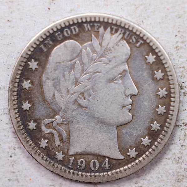 1904 Barber Silver Quarter., Very Fine., Circulated Coin., Store #1400