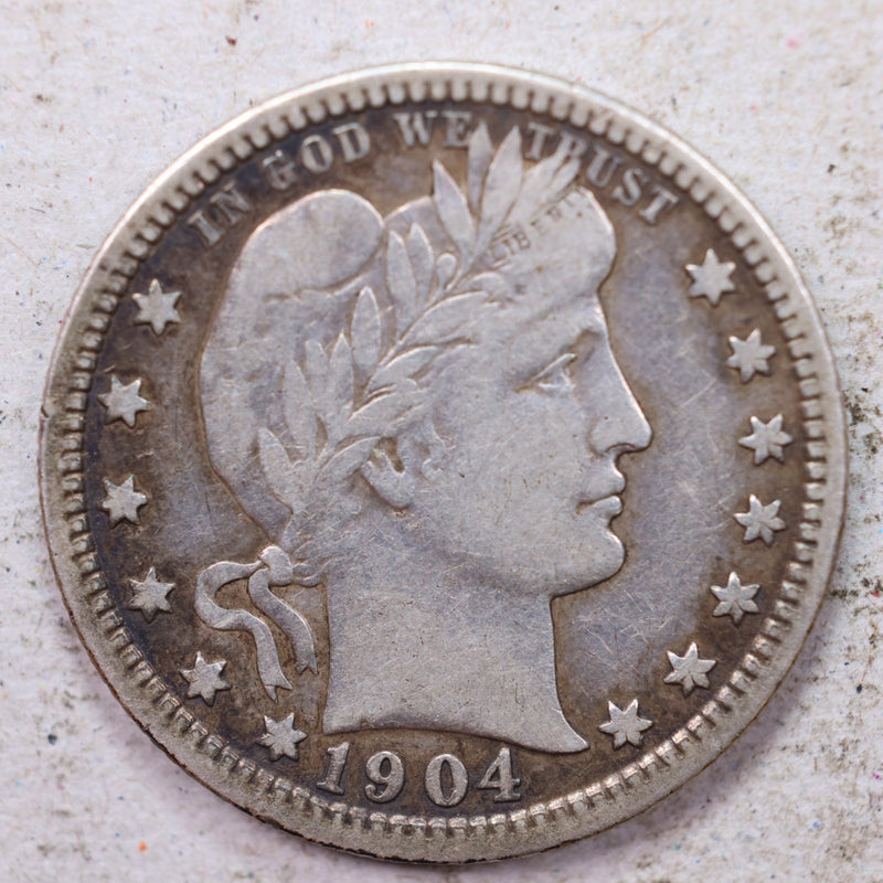 1904 Barber Silver Quarter., Very Fine., Circulated Coin., Store