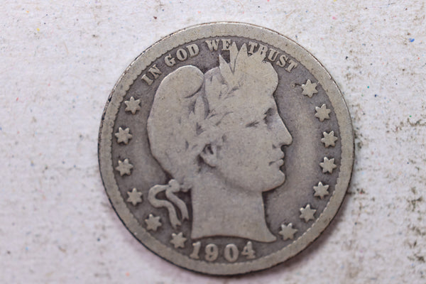 1904 Barber Silver Quarter., Very Good., Circulated Coin., Store #1401