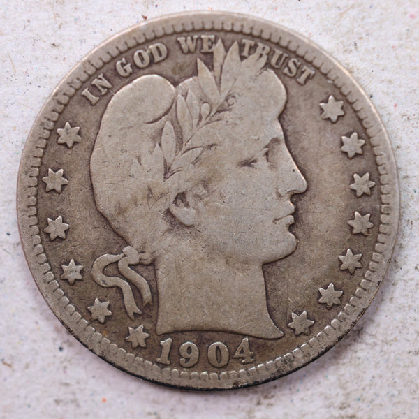 1904-O Barber Silver Quarter., Very Good., Circulated Coin., Store #1403