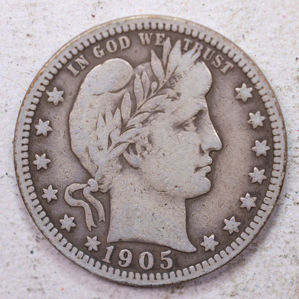 1905 Barber Silver Quarter., Fine., Circulated Coin., Store #1404