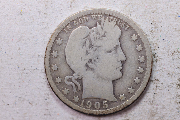 1905 Barber Silver Quarter., Very Good., Circulated Coin., Store #1405