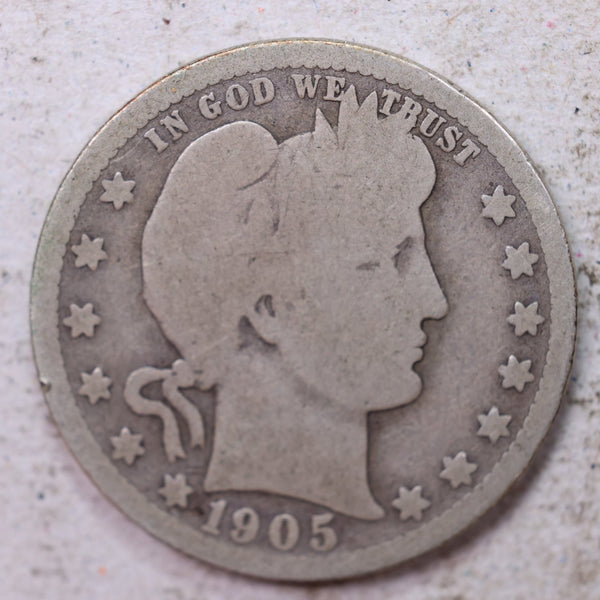 1905-O Barber Silver Quarter., Good., Circulated Coin., Store #1406