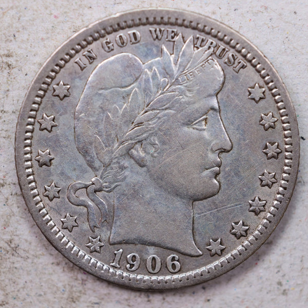 1906-O Barber Silver Quarter., Very Fine., Circulated Coin., Store #1413