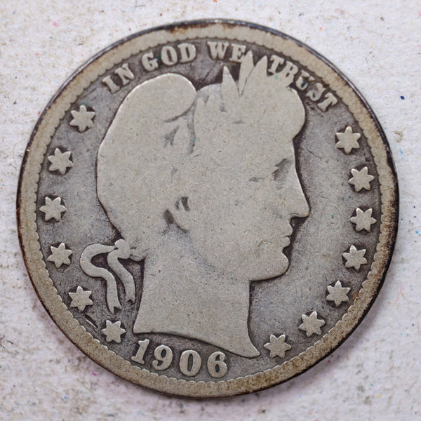 1906-D Barber Silver Quarter., Very Good., Circulated Coin., Store #1415