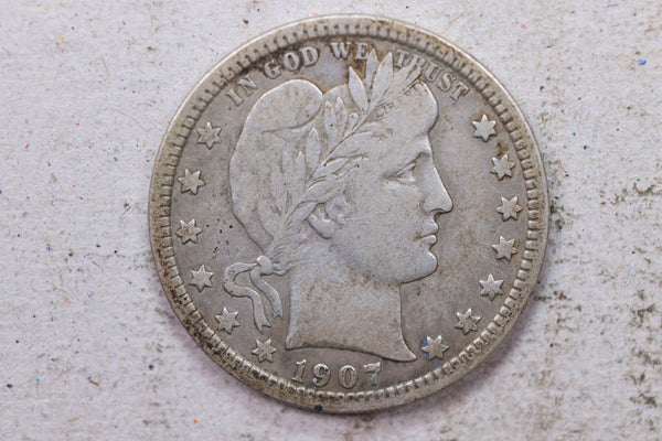 1907 Barber Silver Quarter., Fine., Circulated Coin., Store #1416