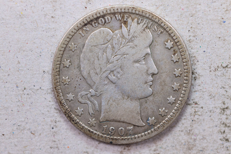 1907 Barber Silver Quarter., Fine., Circulated Coin., Store