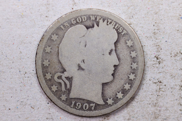 1907 Barber Silver Quarter., Good., Circulated Coin., Store #1417