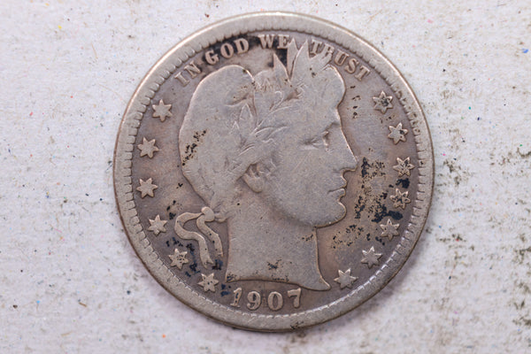 1907-O Barber Silver Quarter., Very Good., Circulated Coin., Store #1419