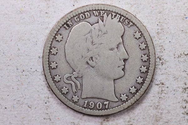 1907-D Barber Silver Quarter., Very Good., Circulated Coin., Store #1420