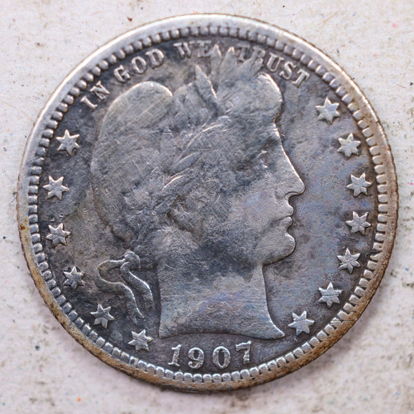 1907-S Barber Silver Quarter., Fine Details., Circulated Coin., Store #1422