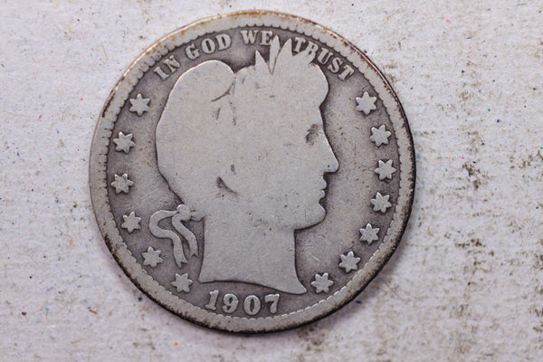 1907-S Barber Silver Quarter., Good., Circulated Coin., Store #1422